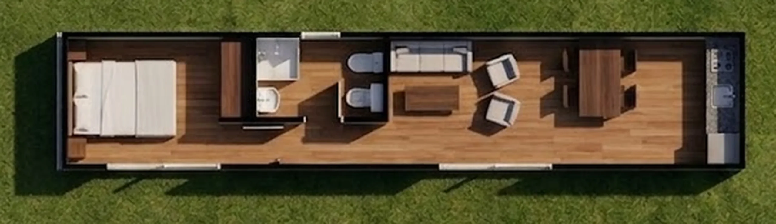 Plano de una casa contenedor de 30 m² con dormitorio, baño, living y cocina